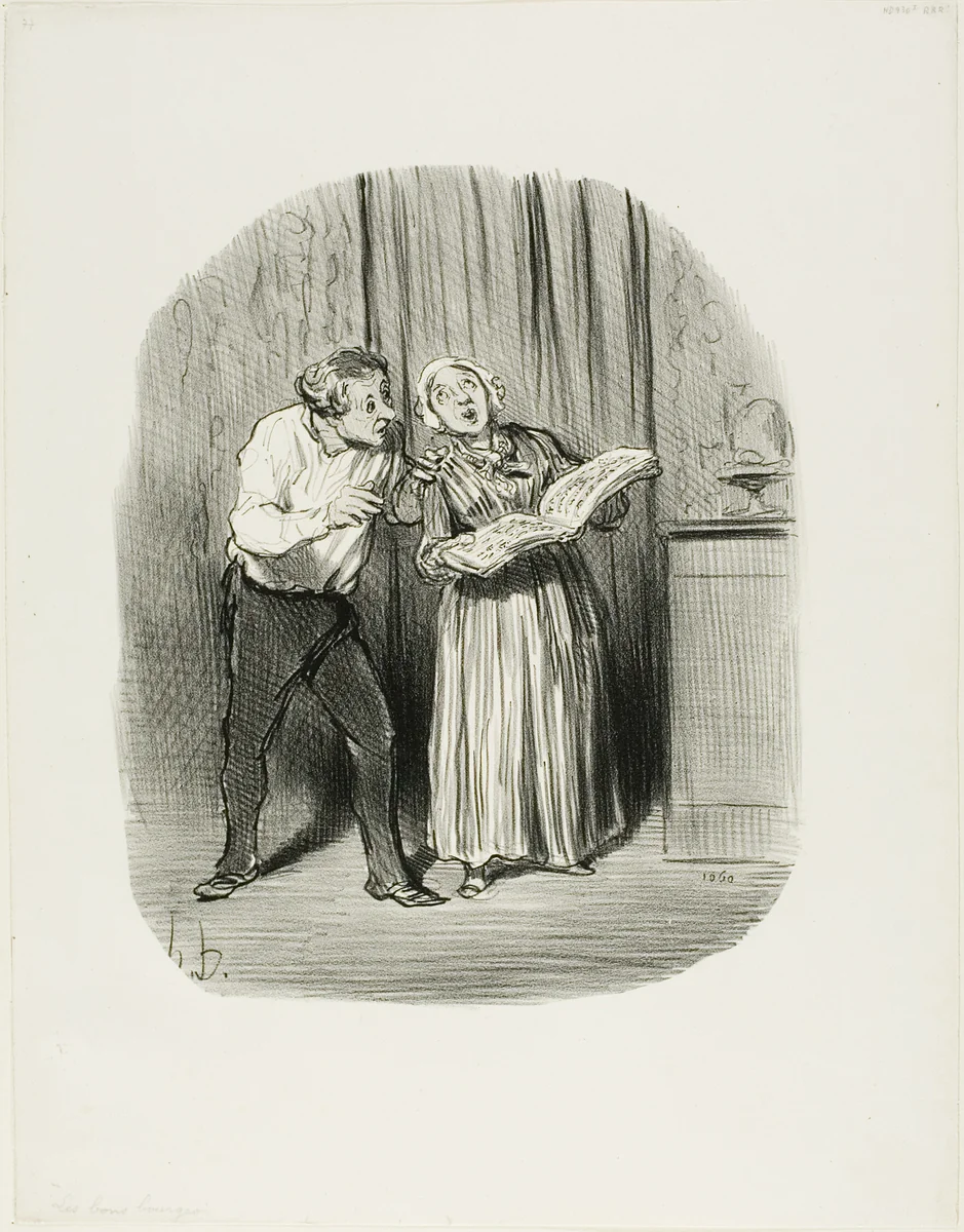 Disadvantage of Marrying a Woman with a So-Called Artistic Talent, plate 77 from Les Bons Bourgeois by Honoré-Victorin Daumier, print, 1847