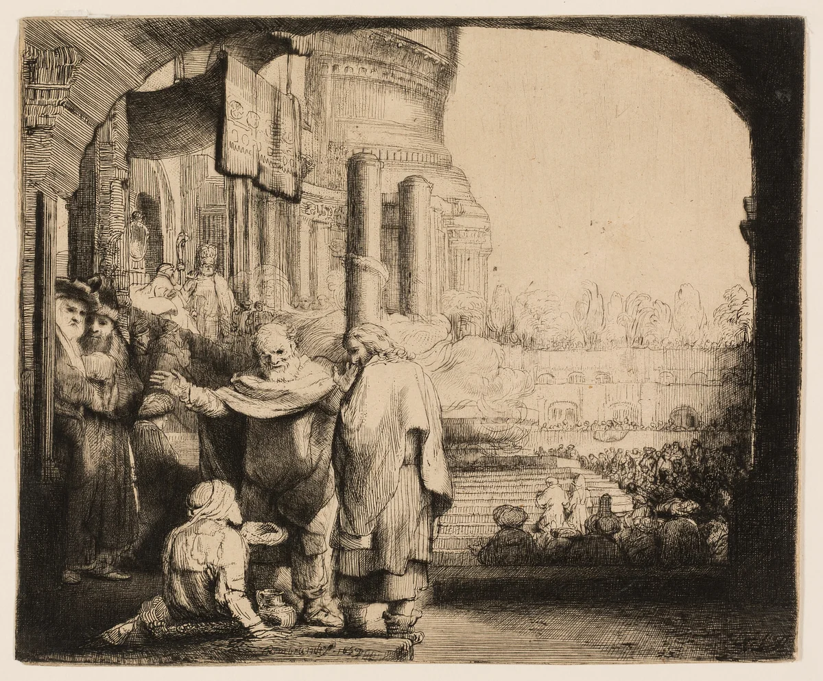 Peter and John Healing the Cripple at the Gate of the Temple by Rembrandt van Rijn, print, 1659