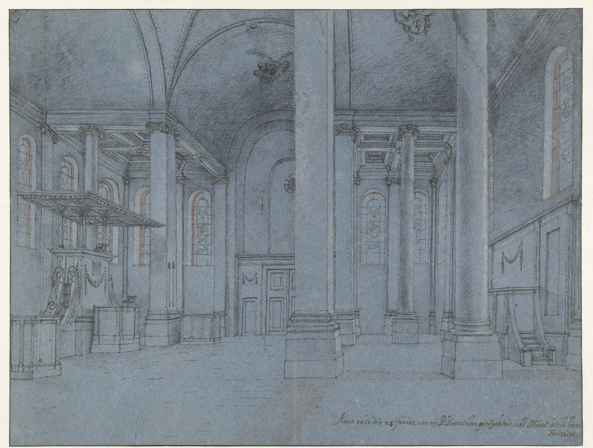 View of the Interior of the Nieuwe Kerk, Haarlem, Seen from the East End of the North Aisle Looking West by Pieter Jansz Saenredam, drawing, 1650