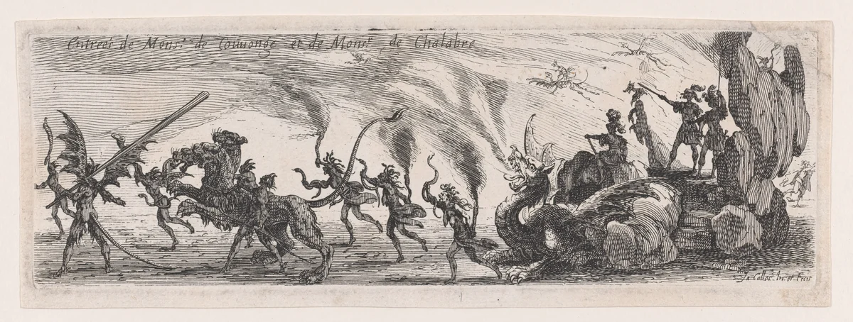 Entrée de MM. de Couvonge et de Chalabre (Entrance of Monsieur de Couvonge and of Monsieur de Chalabre), from "Le Combat a la Barrière" by Jacques Callot, print, 1627