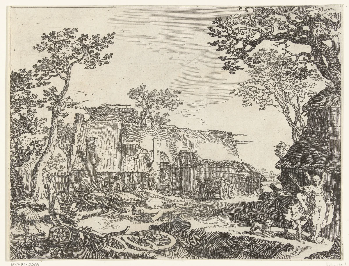 Landschap met boerderij en Tobias en de engel by Boëtius Adamsz. Bolswert, print, 1612-1614