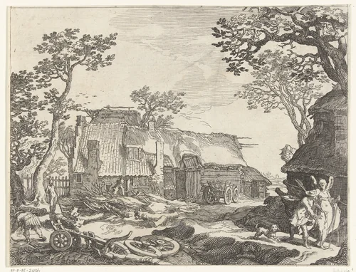 Landschap met boerderij en Tobias en de engel by Boëtius Adamsz. Bolswert, print, 1612-1614