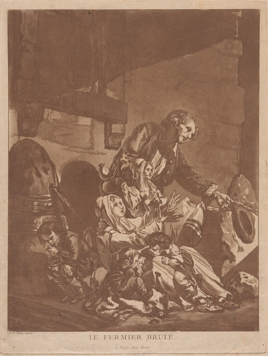Le Fermier brulé (A Burnt-Out Farmer, Begging with his Family) by François-Philippe Charpentier, print, 1762-1766