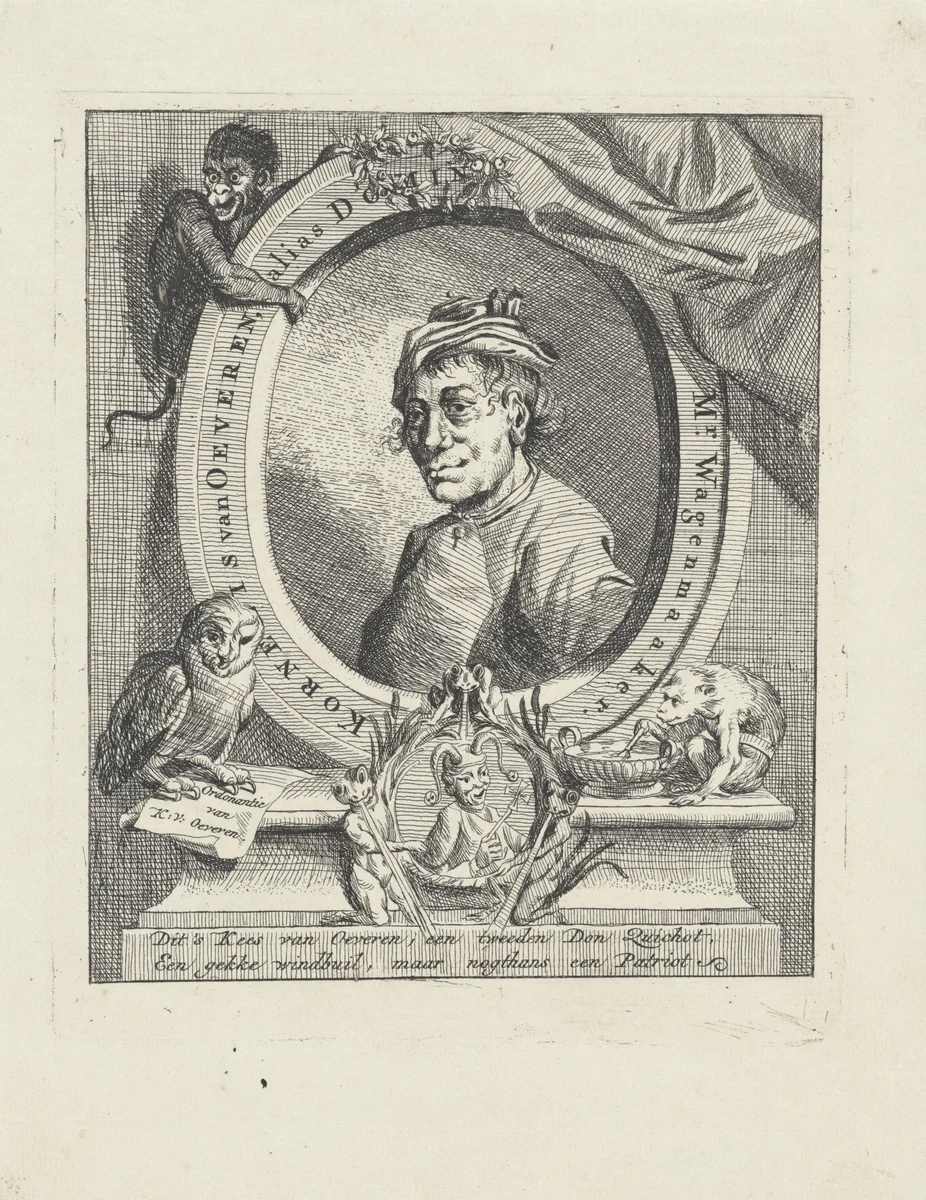 Karikaturaal portret van Cornelis van Oeveren by Jan Stolker, print, 1734-1785