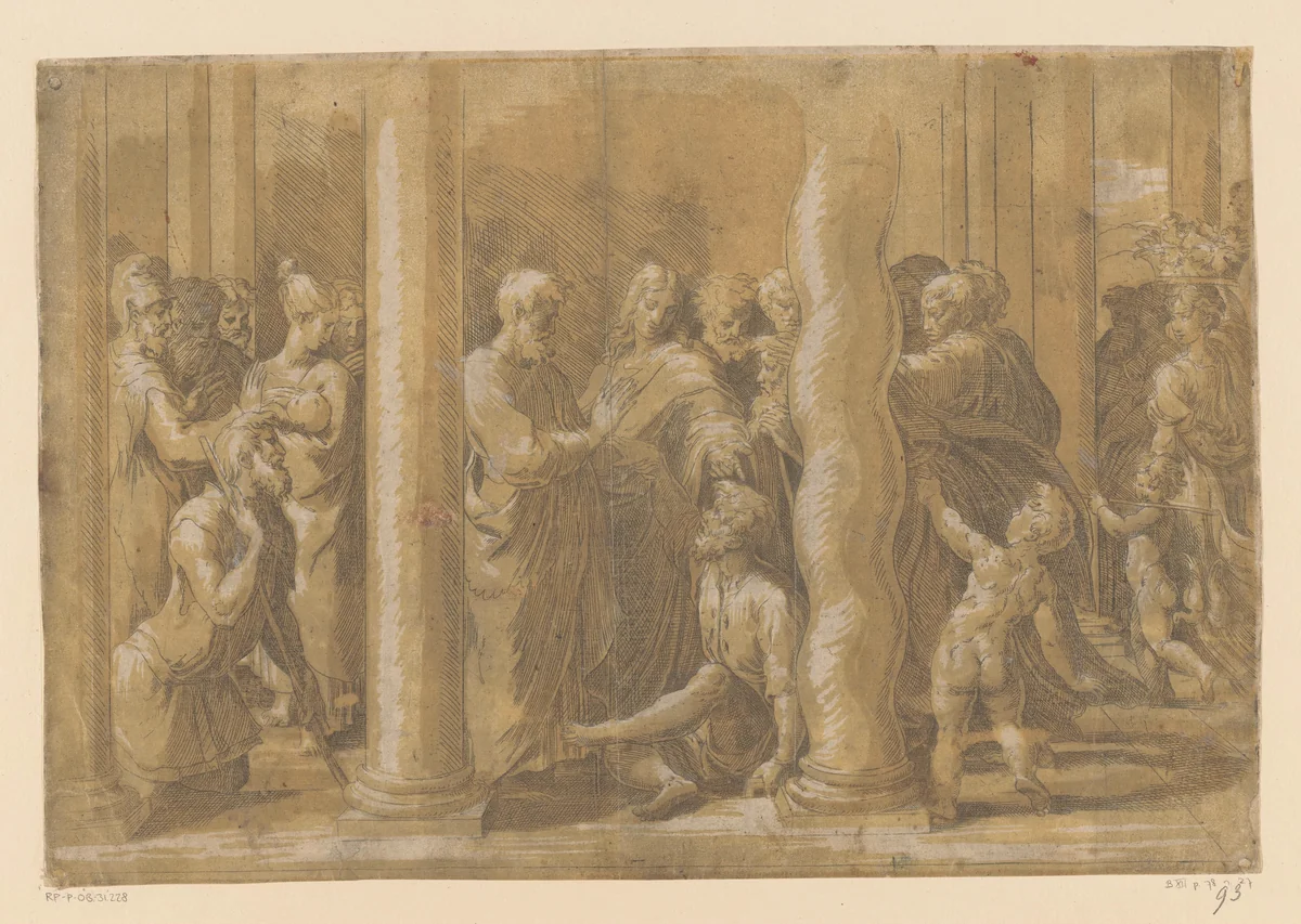 Petrus en Johannes genezen een verlamde man bij de tempelpoort by Unknown, print, 1513-1540