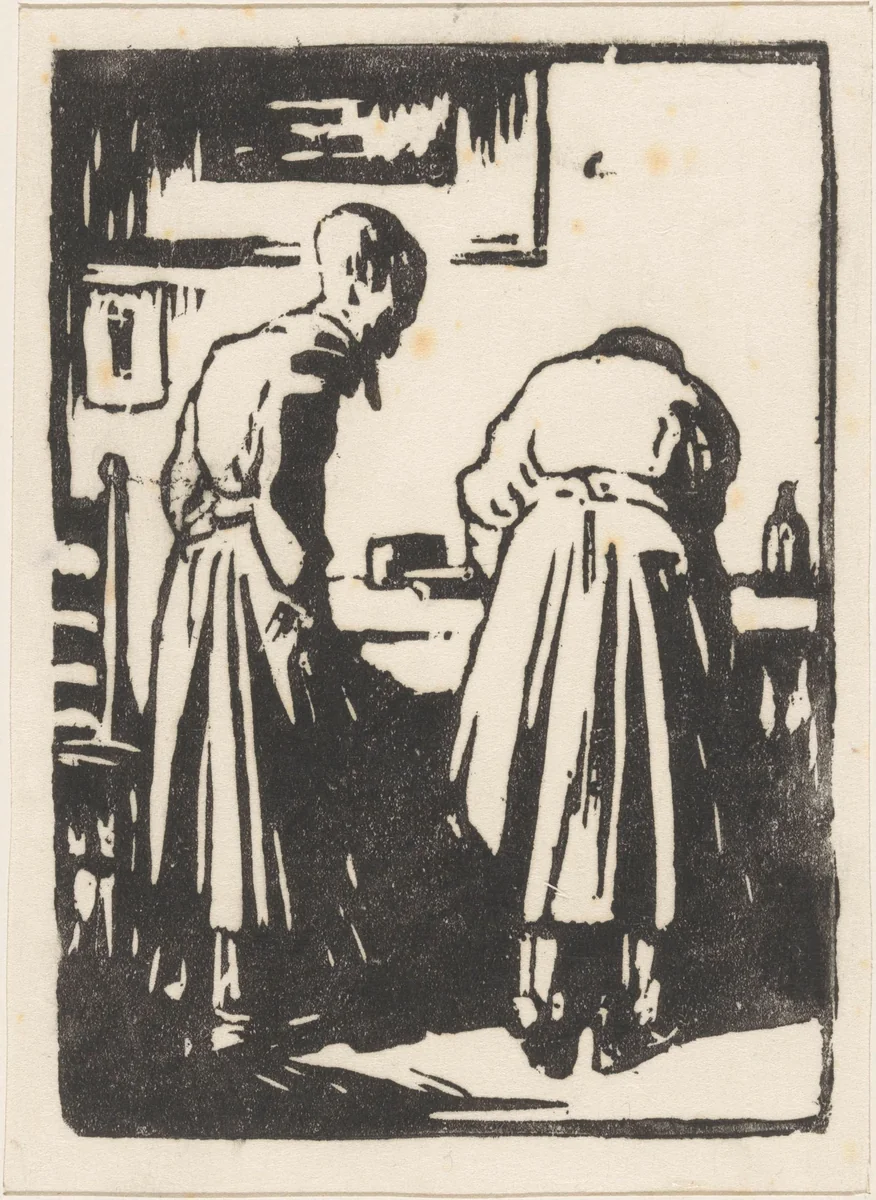 Twee vrouwen in een atelier by Willem Adrianus Grondhout, print, 1888-1934