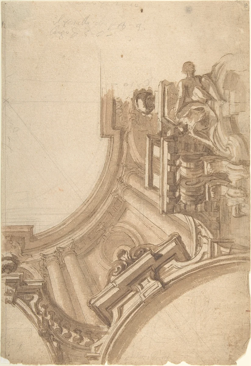 Design for a corner of painting ceiling, architectural perspective by anonymous, drawing, 1700-1780