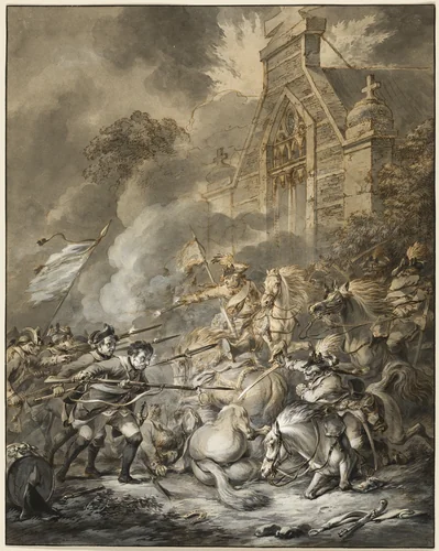 A Skirmish Between the Cavalry Officers and Footsoldiers with Bayonets by Dirk Langendijk, print, 1781