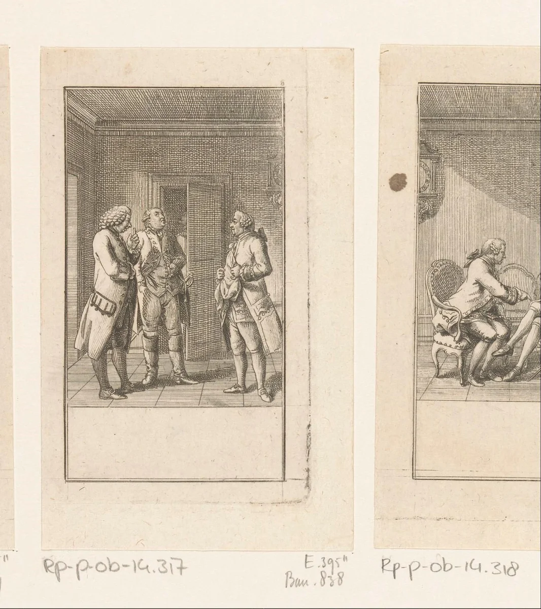 Drie gasten van Reinhard in gesprek by Daniel Nikolaus Chodowiecki, print, 1781