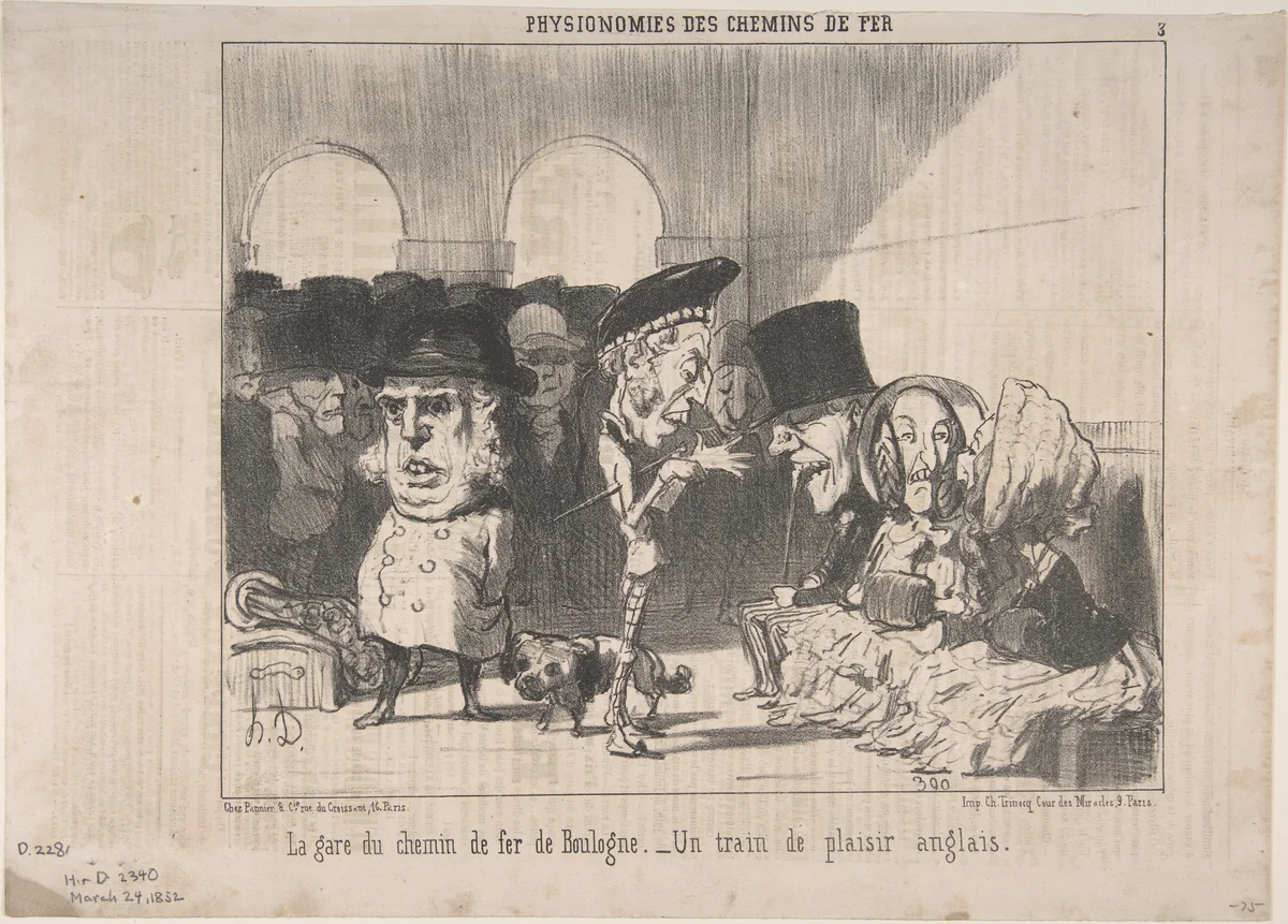 The Boulogne Train Station. An English Excursion Train (La gare de chemin de fer de Boulogne. Un train de plaisir anglais), from Physionomies des Chemins de Fer (Physiognomies of the Railways) by Honoré Daumier, print, 1852