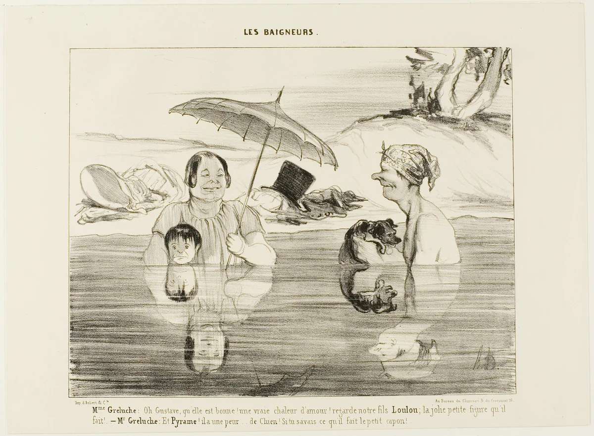 Madame Greluche: “Oh, Gustave, how good! A real soothing warmth! Look at our son Loulou; the cute face he makes!” Mr. Greluche: "And Pyramus, he is afraid, afraid like a dog. If you only knew what he is doing right now, the little rascal,” plate 4 from Les Baigneurs by Honoré-Victorin Daumier, print, 1839