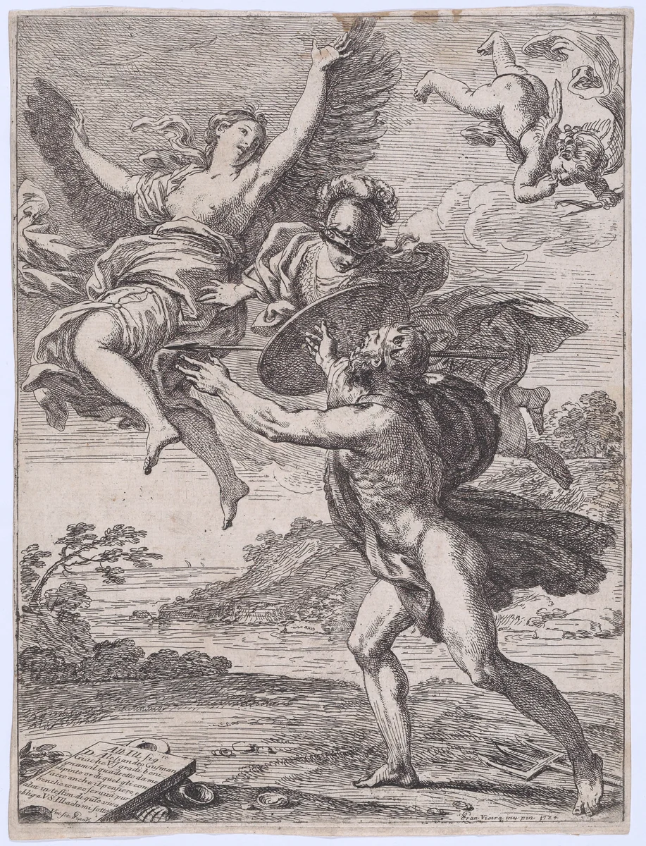 Neptune pursuing Coronis; Minerva interposes herself and turns Coronis into a crow by Francisco Vieira de Mattos, print, 1724