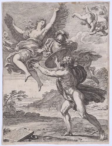 Neptune pursuing Coronis; Minerva interposes herself and turns Coronis into a crow by Francisco Vieira de Mattos, print, 1724