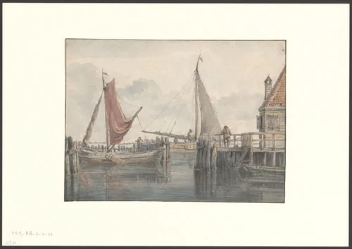 Gezicht op vissersboten en bothuisjes op het IJ by George Pieter Westenberg, drawing, 1801-1873