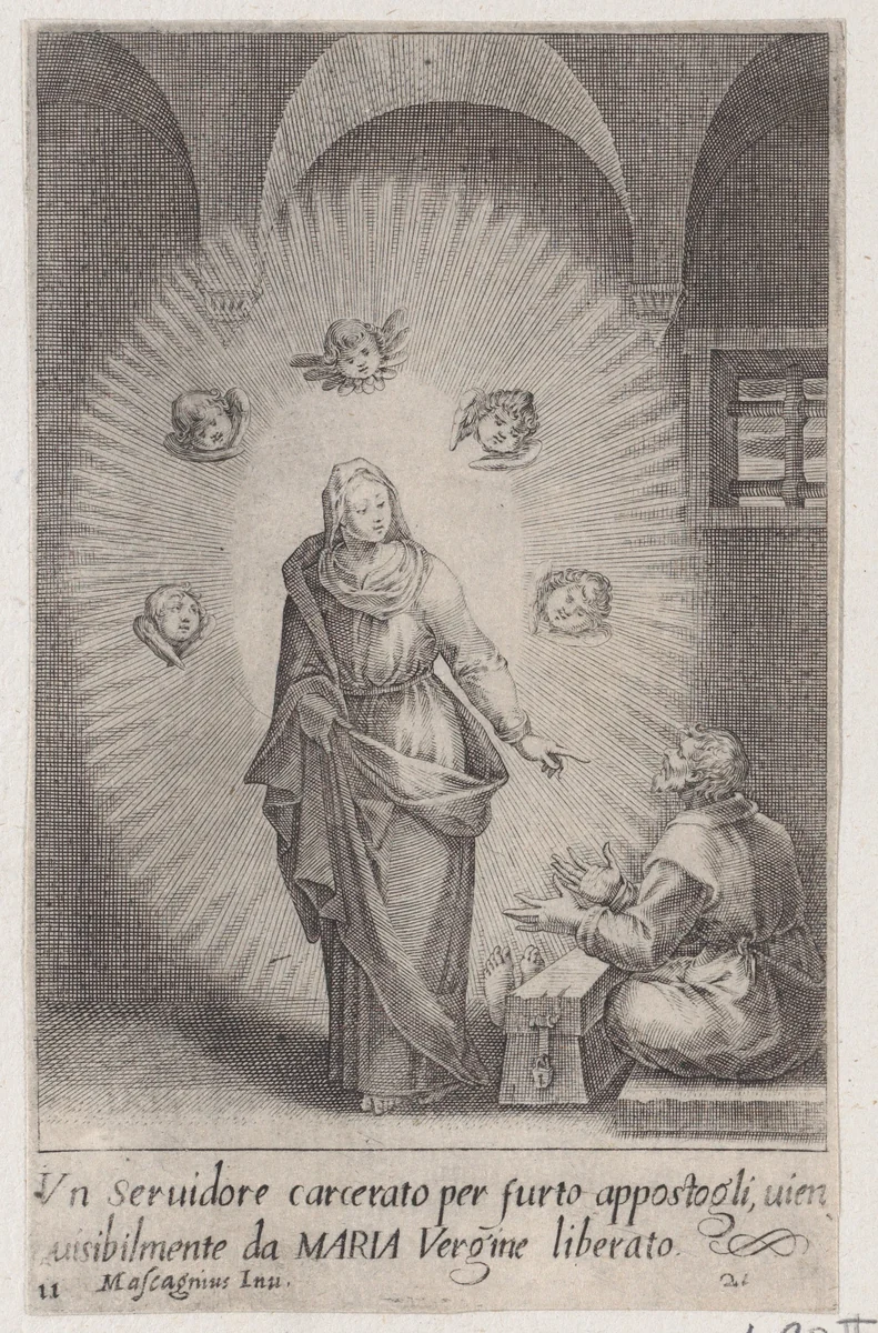 The Servant Set Free, from Scelta d'Alcuni Miracoli e Grazie della Santissima Nunziata di Firenze (Selection of Some Miracles and Graces that Occurred in the Church of the Annunziata in Florence) by Jacques Callot, print, 1611-1619