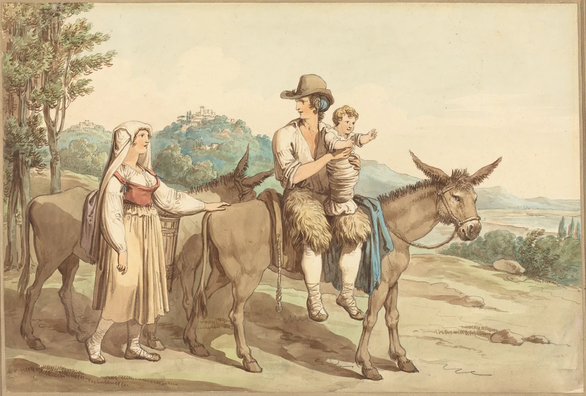 A Peasant Family and Two Donkeys by Bartolomeo Pinelli, drawing, 1781-1835