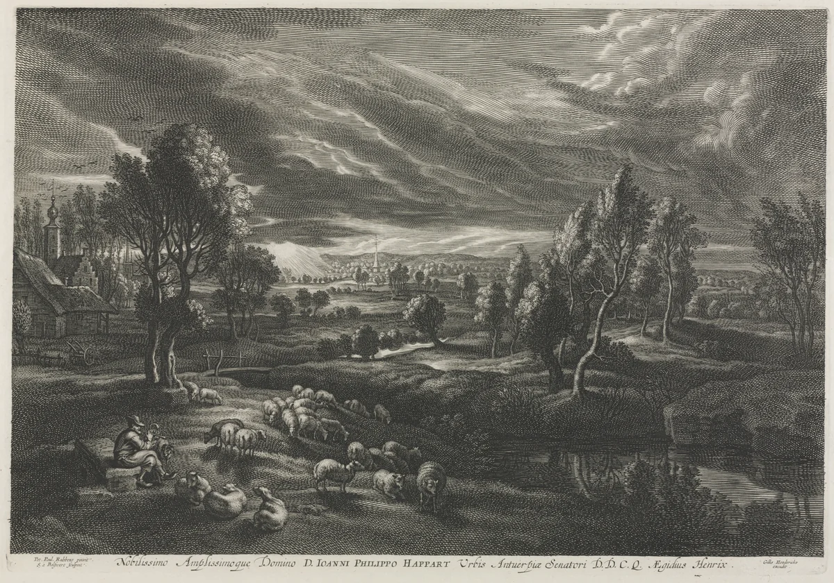 Landscape with Shepherd Playing a Flute by Schelte Adams Bolswert, print, 1632-1642