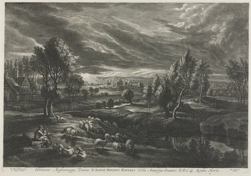 Landscape with Shepherd Playing a Flute by Schelte Adams Bolswert, print, 1632-1642