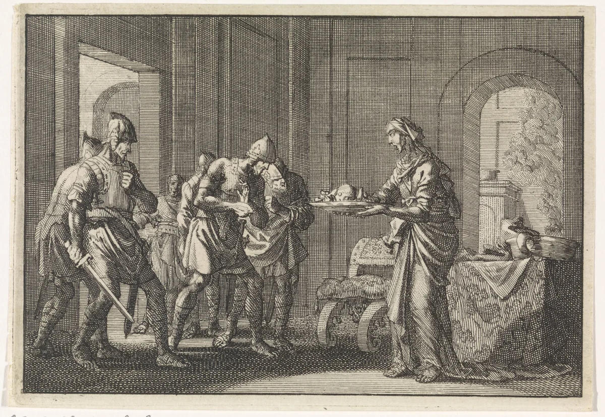 Moeder toont krijgslieden de resten van haar opgegeten kind tijdens de hongersnood in Jeruzalem by Jan Luyken, print, 1704
