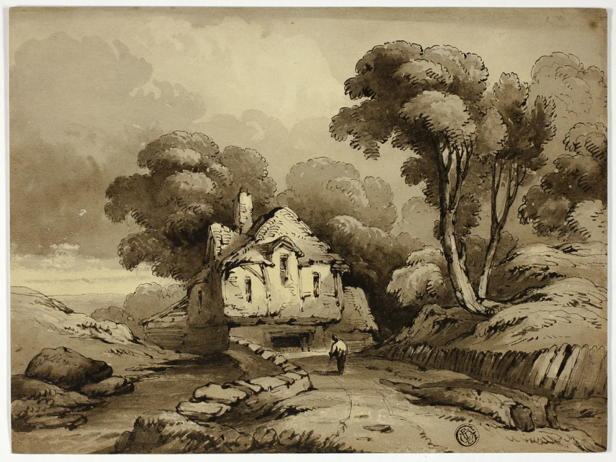 Cottage Beside Winding Road in Wooded Landscape by John Varley, drawing, 1815-1836
