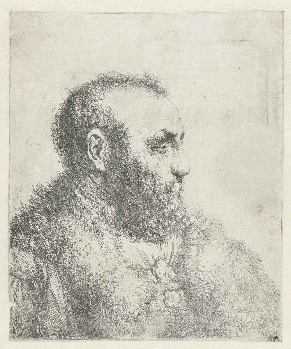 Borstbeeld van een oude man met bontjas by Jan Lievens, print, 1625-1674
