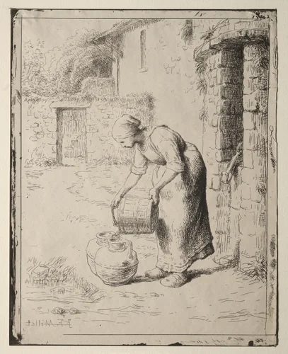 A Woman Emptying a Bucket by Jean-François Millet, print, 1862-1863