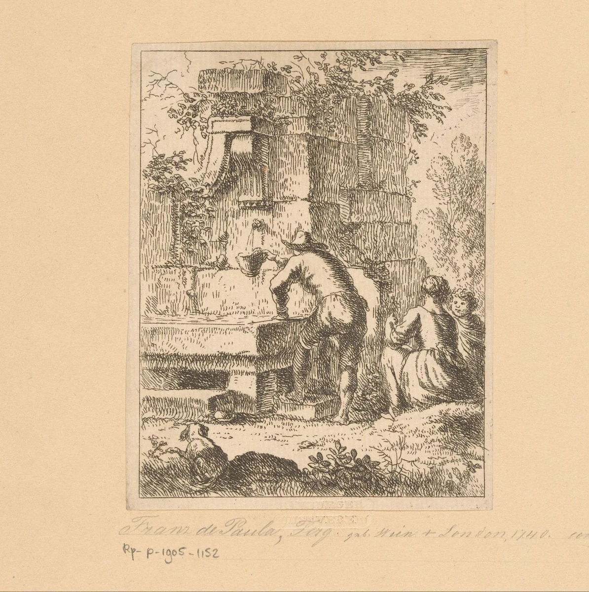 Gezin haalt water bij een ruïne by Franz de Paula Ferg, print, 1699-1740