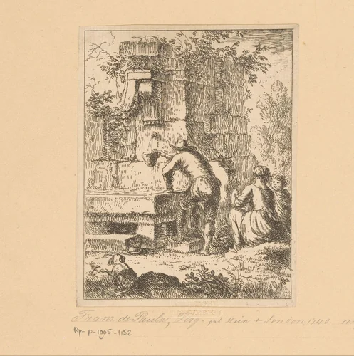 Gezin haalt water bij een ruïne by Franz de Paula Ferg, print, 1699-1740