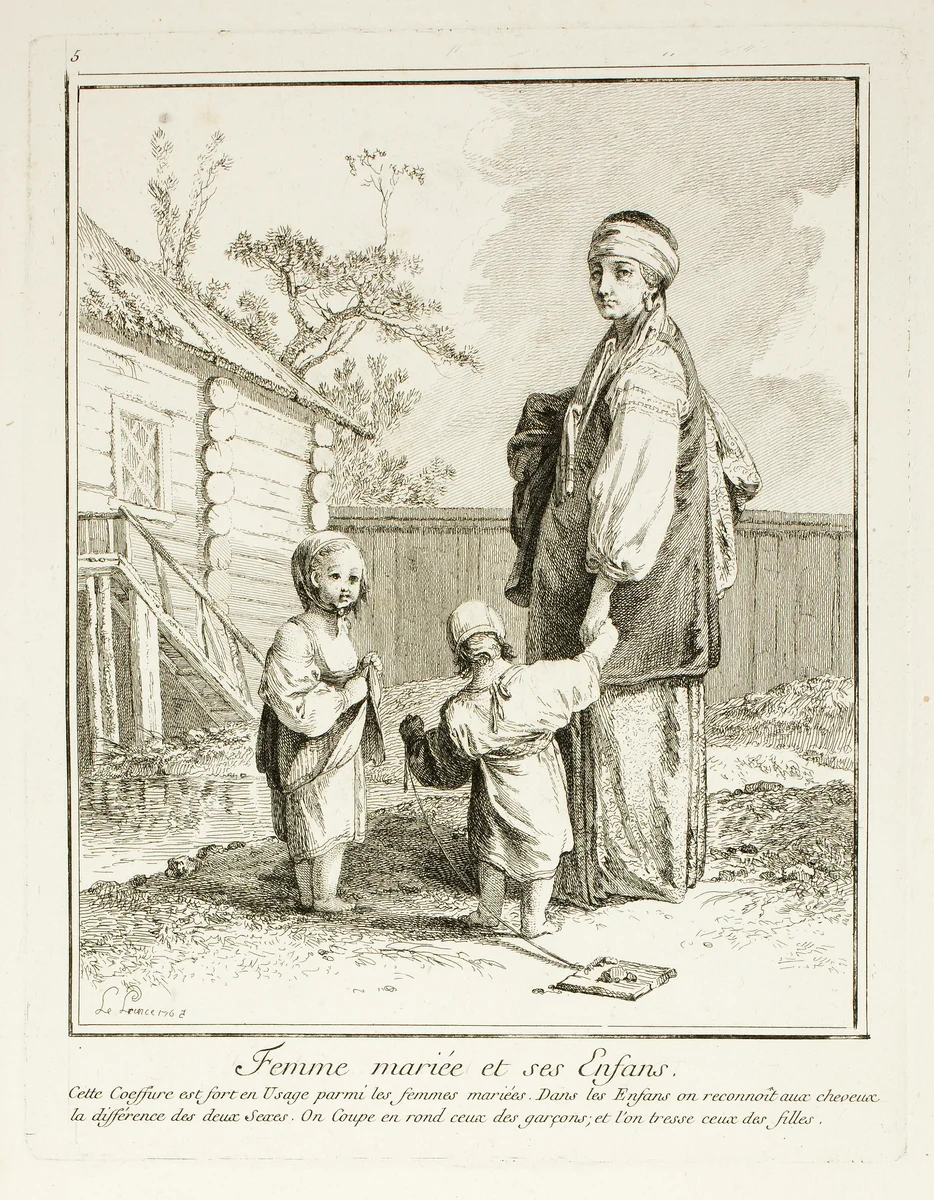 Married Woman and her Children, plate five from Divers Habillements des Peuples du Nord by Jean Baptiste Le Prince, print, 1765