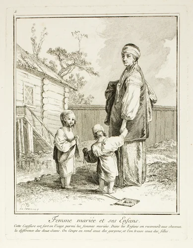 Married Woman and her Children, plate five from Divers Habillements des Peuples du Nord by Jean Baptiste Le Prince, print, 1765