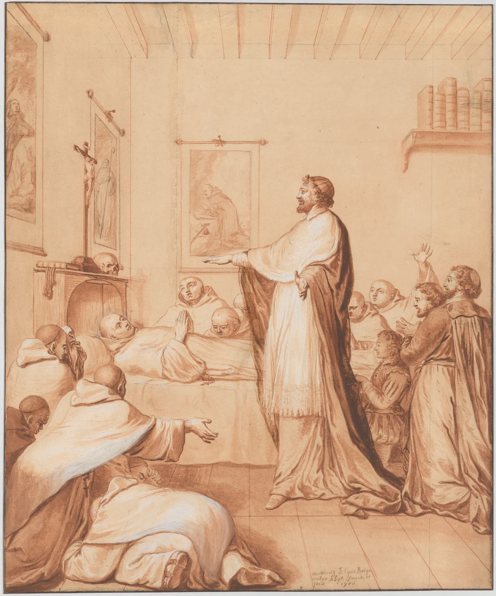 Scene 33: The Blessed Abbot, near death, receives the blessing of the pope, who sends for this purpose Cardinal d'Ossat, a close friend of the saint, whose teacher he had been; he dies in the odor of sanctity, 25 April 1600 by Matthieu Elias, drawing, 1706