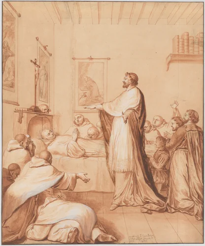 Scene 33: The Blessed Abbot, near death, receives the blessing of the pope, who sends for this purpose Cardinal d'Ossat, a close friend of the saint, whose teacher he had been; he dies in the odor of sanctity, 25 April 1600 by Matthieu Elias, drawing, 1706