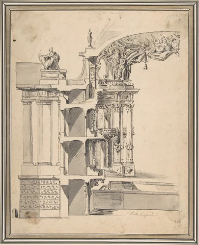 Design for the Proscenium Arch of an Opera house and the Section Adjacent to the Stage by Philippe de La Guêpière, drawing, 1720-1773