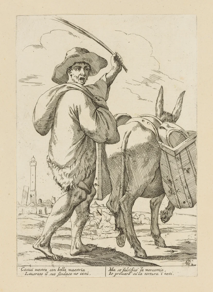 Man Driving a Donkey Laden with Pots, from Di Bologna l'Arti per via D'An.ibal' Ca.rac, plate 31 by Giuseppe Maria Mitelli, print, 1660