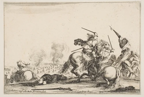 A skirmish, two horsemen battling with swords to the right, men carrying a flag running away towards the right, a dead man on the ground and a horseman seen from behind to the left, from "Varie figure" by Stefano della Bella, print, 1640-1650