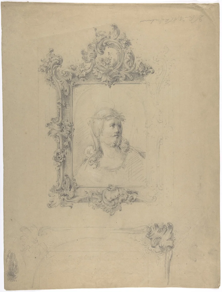 Two Rococo Frames, with Christ as Man of Sorrows in Upper Design by anonymous, drawing, 1800-1900