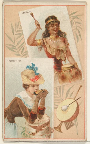 Harmonica and Tam Tam, from the Musical Instruments series (N121) issued by Duke Sons & Co. to promote Honest Long Cut Tobacco by W. Duke, Sons & Co., print, 1888