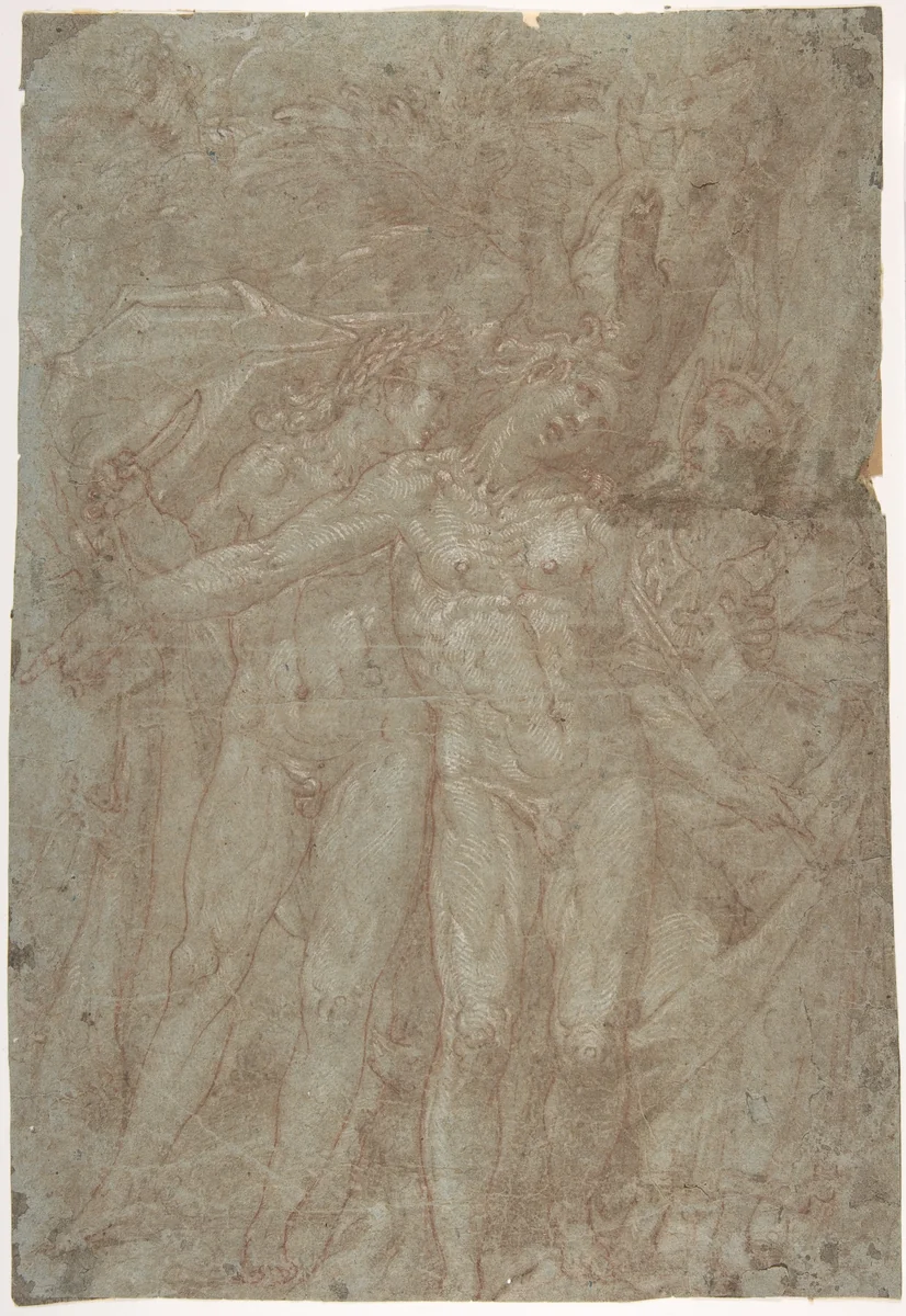 Apollo, Marsyas, and Midas by anonymous, drawing, 1500-1599