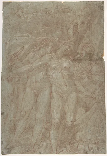 Apollo, Marsyas, and Midas by anonymous, drawing, 1500-1599