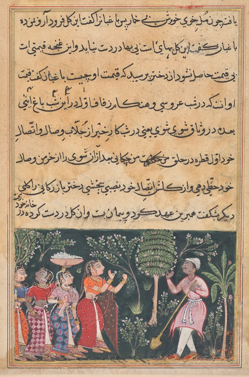 The daughter of the merchant of Mazanderan asks the gardener for the rose, from a Tuti-nama (Tales of a Parrot): Twelfth Night by Unknown, painting, 1555-1565