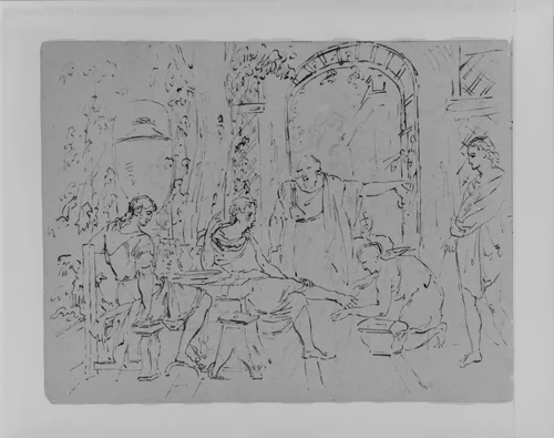 Compositional Study With Man Getting His Feet Washed (from Sketchbook) by Thomas Sully, artwork, 1810-1820
