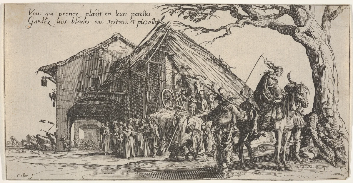 The stopping place of the gypsies: the fortune-tellers (La Halte des bohémiens: les diseuses de bonne aventure), from "The Gypsies" (Les Bohémiens) by Jacques Callot, print, 1621-1631