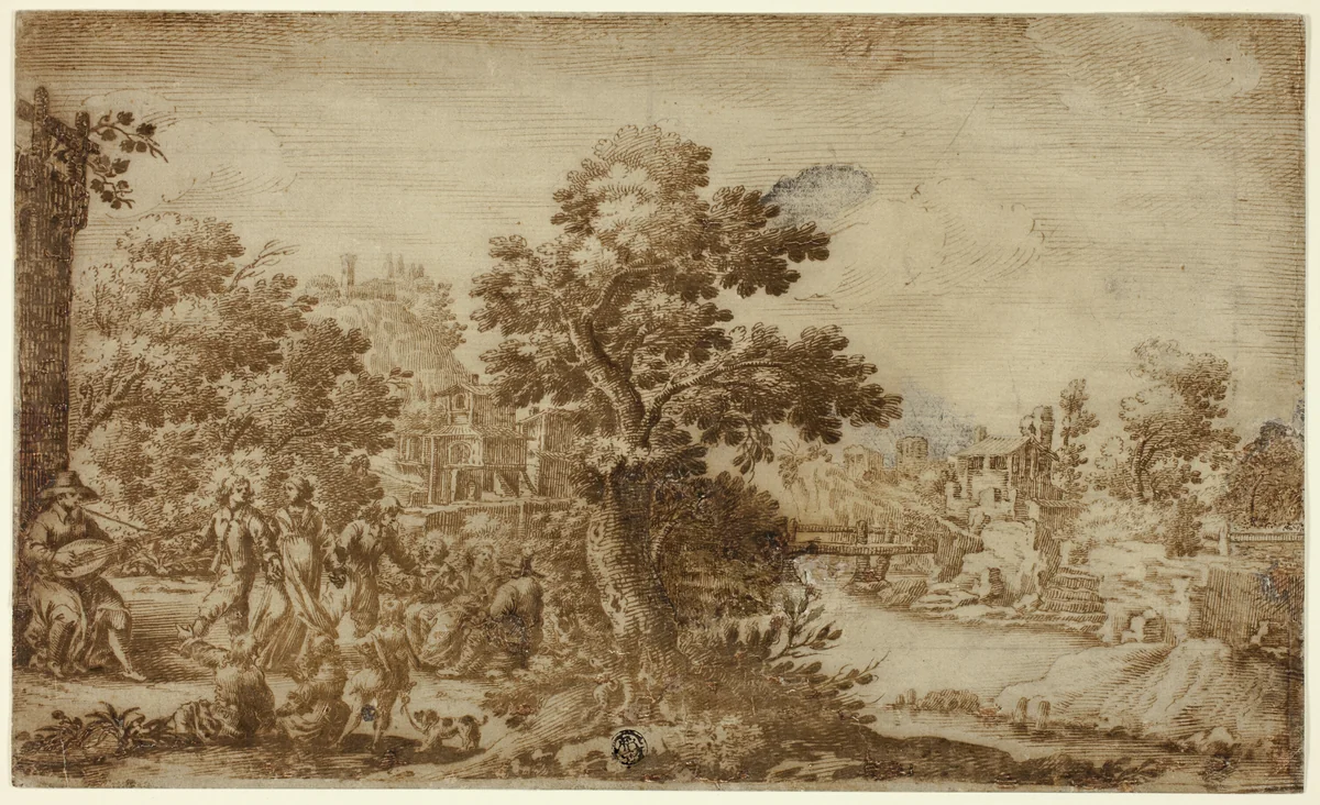 Landscape with Dancers and Musicians by Ercole Bazzicaluva, drawing, 1630-1699