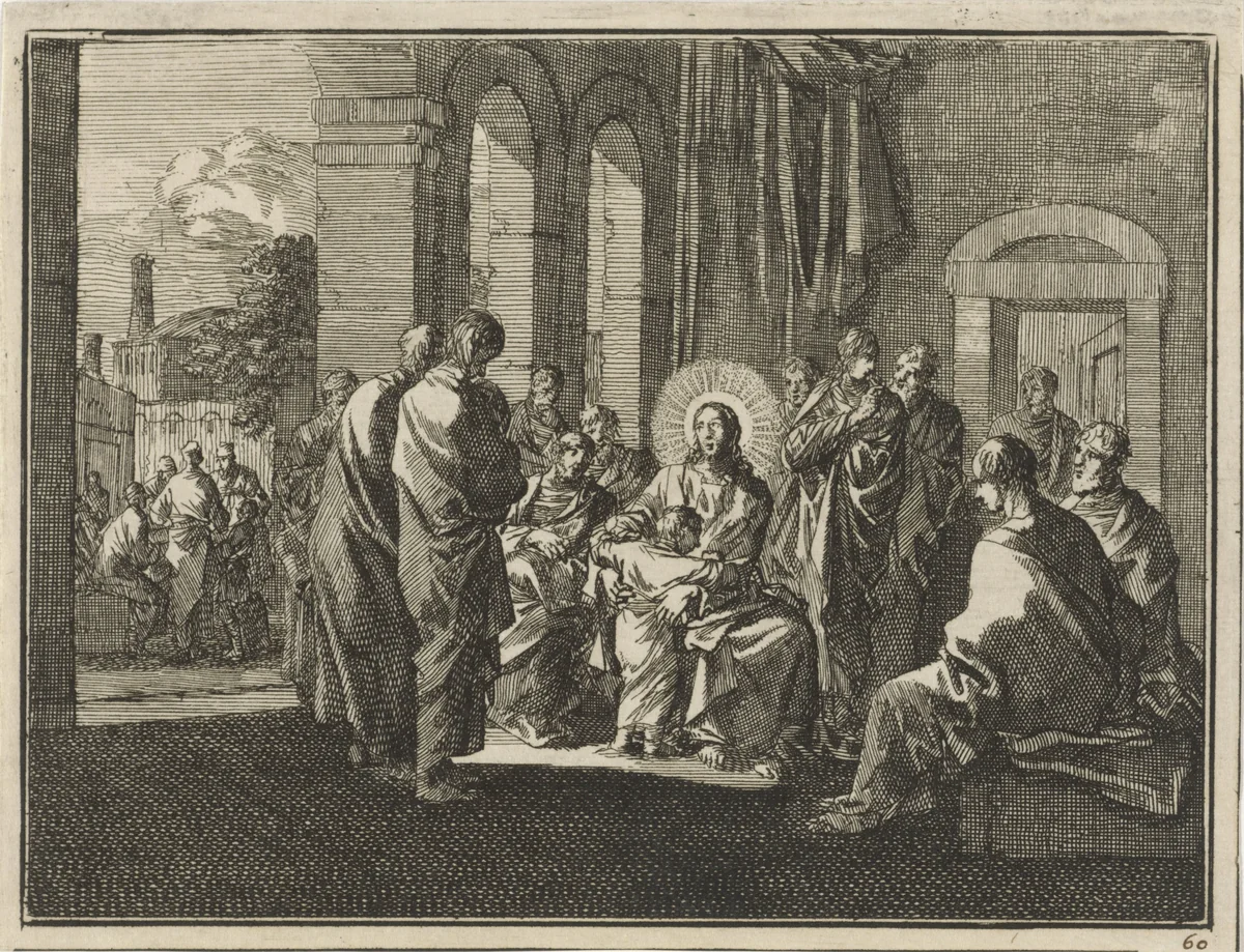 Christus stelt zijn discipelen een kind tot voorbeeld by Jan Luyken, print, 1712
