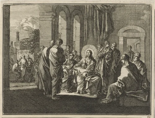 Christus stelt zijn discipelen een kind tot voorbeeld by Jan Luyken, print, 1712
