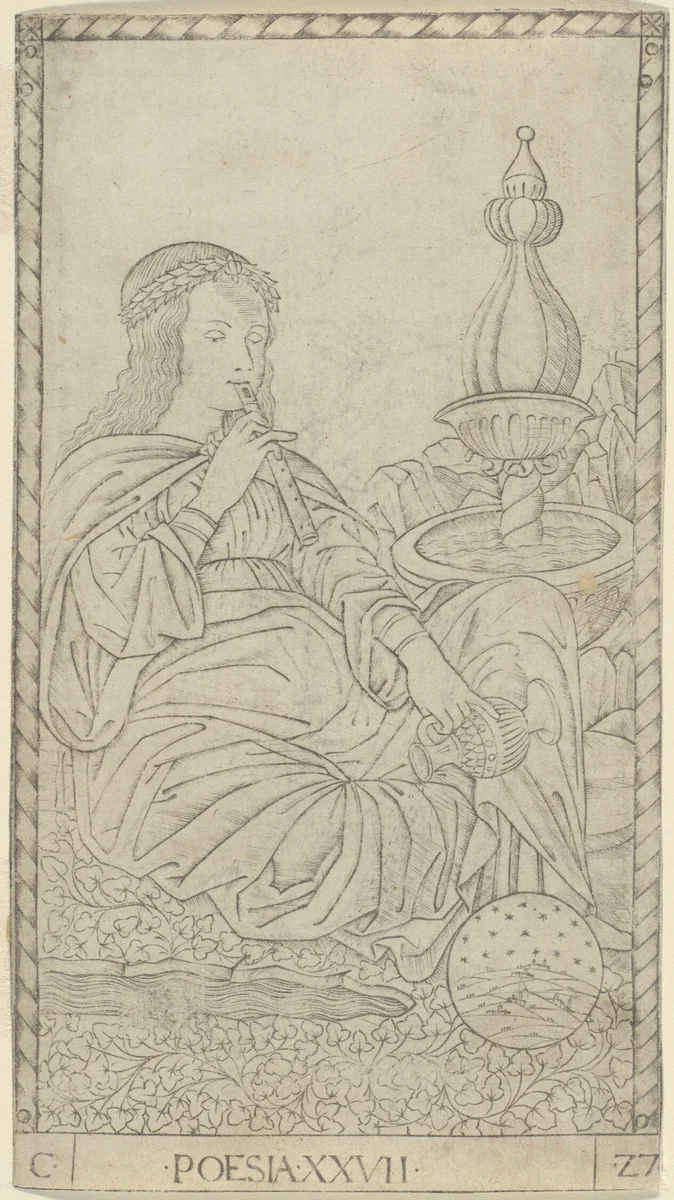 Poetry, plate 27 from Arts and Sciences by Master of the E-Series Tarocchi, print, 1460-1470