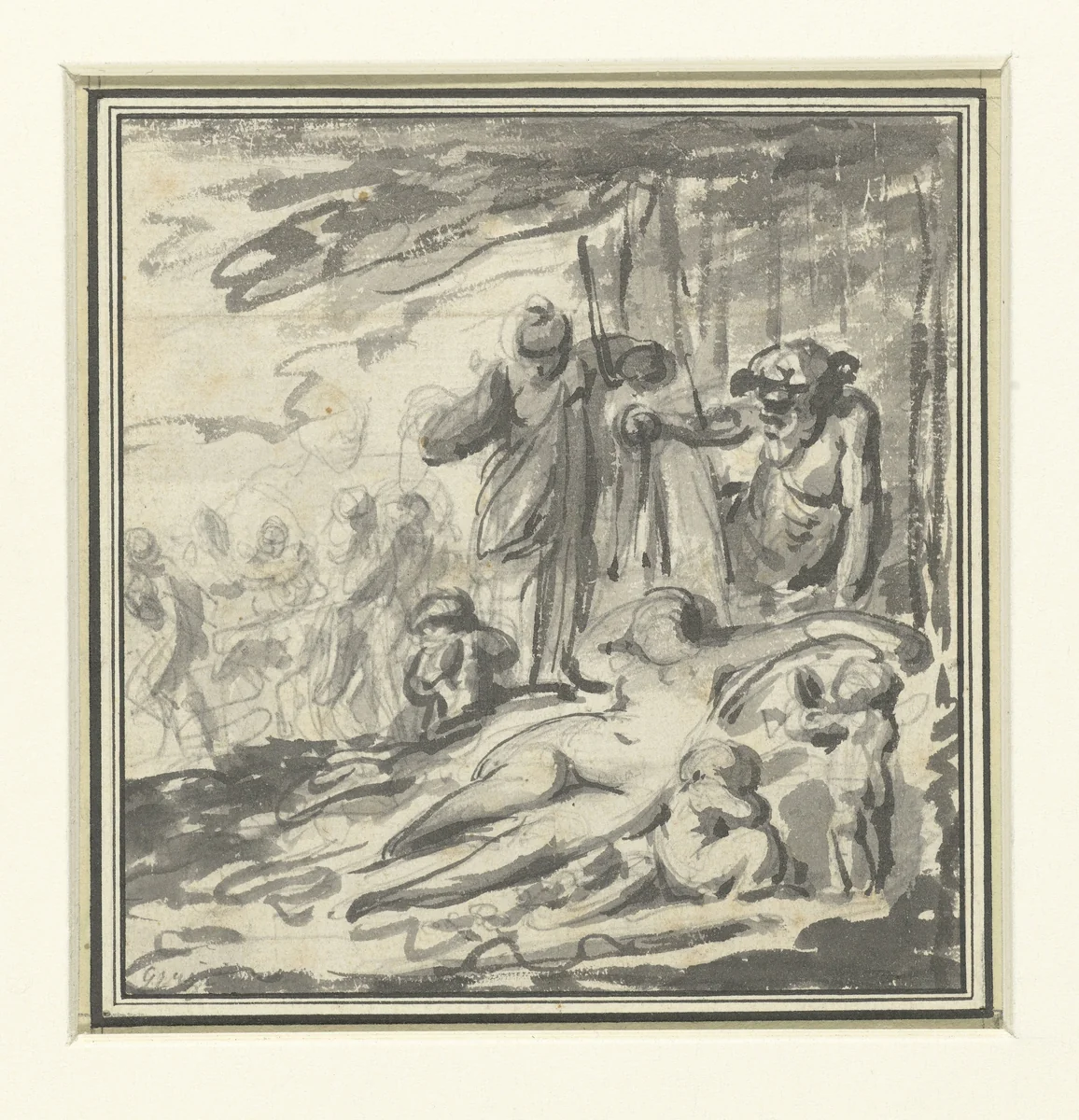 Bacchus tilt een doek op van een slapende vrouw by Philippe Caresme, drawing, 1744-1796