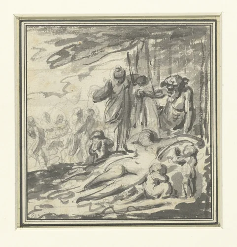 Bacchus tilt een doek op van een slapende vrouw by Philippe Caresme, drawing, 1744-1796