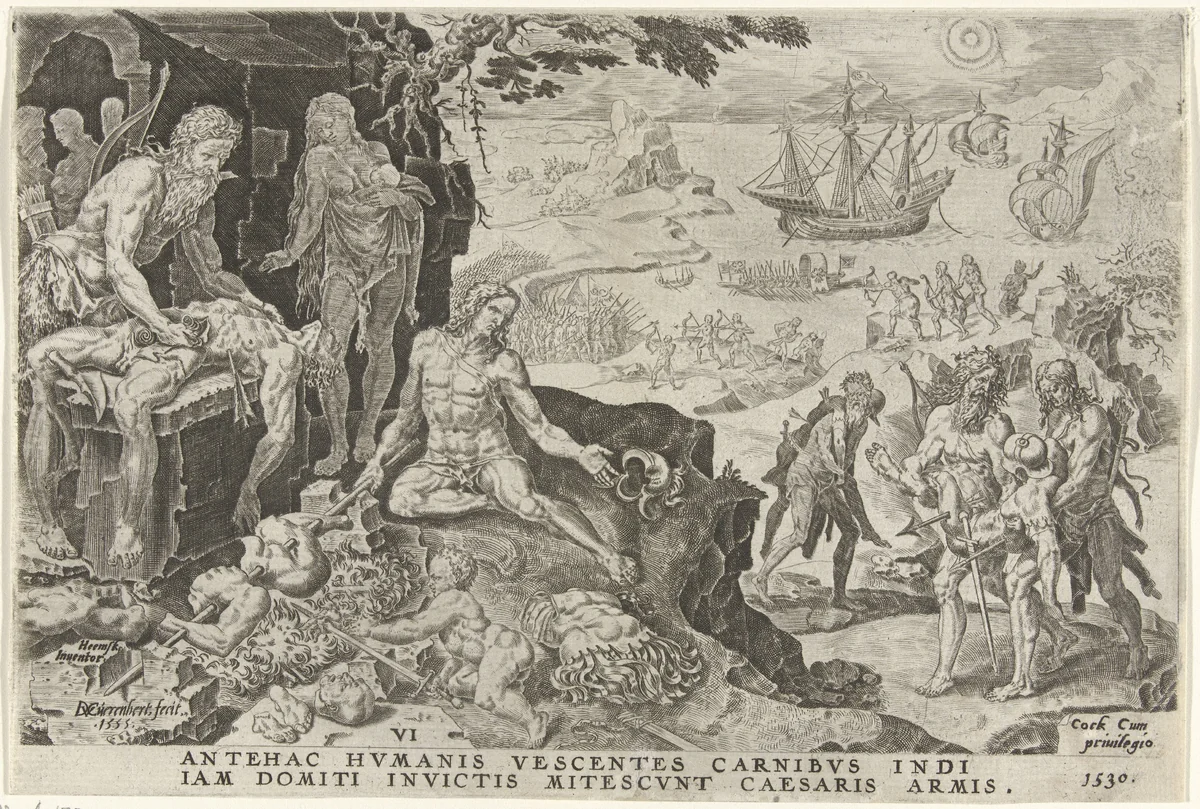 Keizerlijke troepen van Karel V vallen Centraal-Amerika binnen, 1530 by Unknown, print, 1555-1556