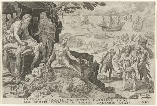 Keizerlijke troepen van Karel V vallen Centraal-Amerika binnen, 1530 by Unknown, print, 1555-1556